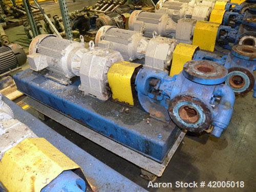 Used Viking Industrial Duty Rotary Gear Positive Displacement Pump, model LS124A, carbon steel. Approximately 200 gallons per minute at 640 rpm. 3" diameter inlet/outlet, pressure relief cover. Drive...