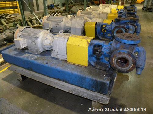 Used Viking Industrial Duty Rotary Gear Positive Displacement Pump, model LS124A, carbon steel. Approximately 200 gallons per minute at 640 rpm. 3" diameter inlet/outlet, pressure relief cover. Drive...