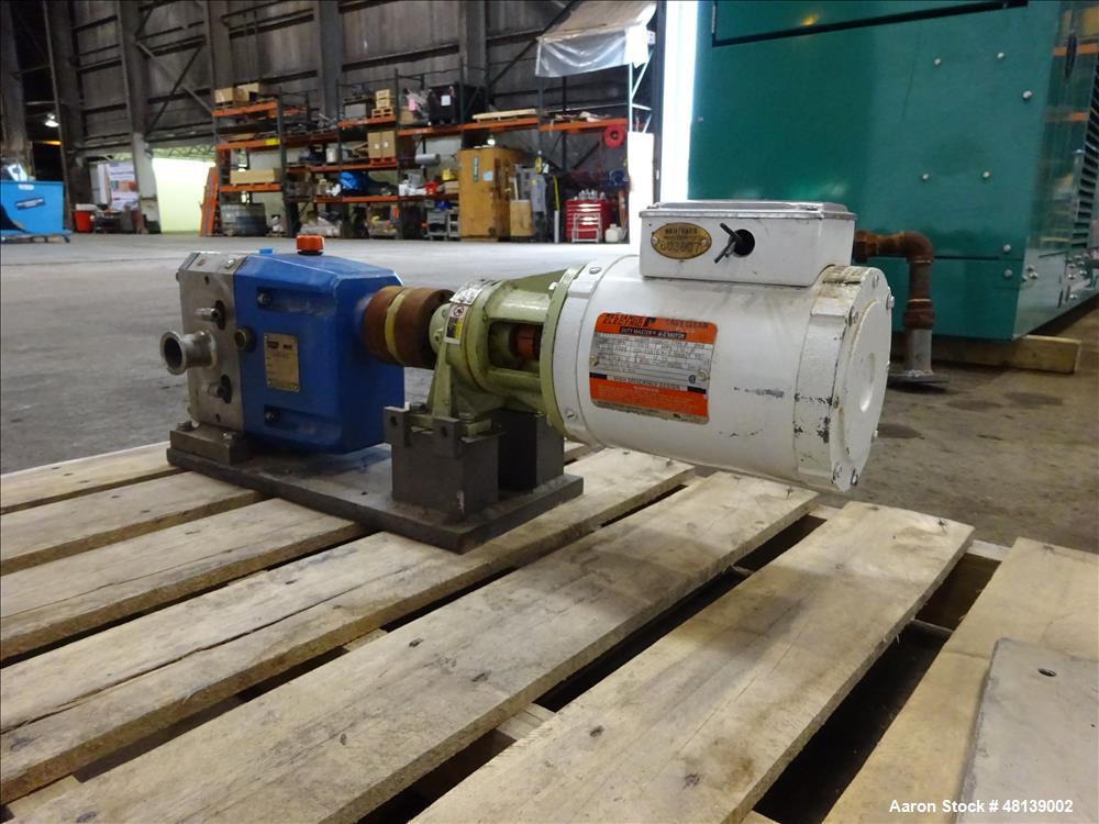 Used Viking Duralobe Bi-Rotor Positive Displacement Pump, Model R2S, 316 Stainless Steel. Approximate 26 gallons per minute. 1-1/2" Inlet & outlet, (2) rotors. Driven by a 0.5hp, 3/60/208-230/460 vol...