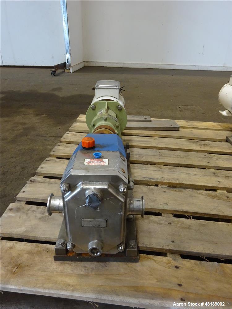 Used Viking Duralobe Bi-Rotor Positive Displacement Pump, Model R2S, 316 Stainless Steel. Approximate 26 gallons per minute. 1-1/2" Inlet & outlet, (2) rotors. Driven by a 0.5hp, 3/60/208-230/460 vol...