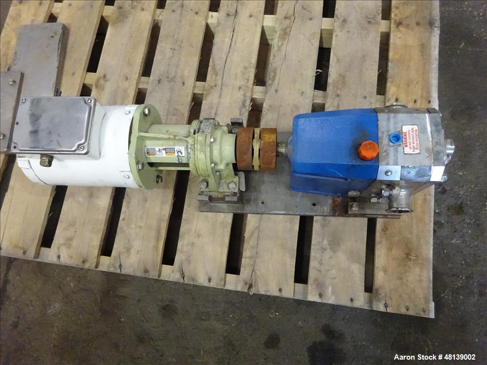 Used Viking Duralobe Bi-Rotor Positive Displacement Pump, Model R2S, 316 Stainless Steel. Approximate 26 gallons per minute. 1-1/2" Inlet & outlet, (2) rotors. Driven by a 0.5hp, 3/60/208-230/460 vol...