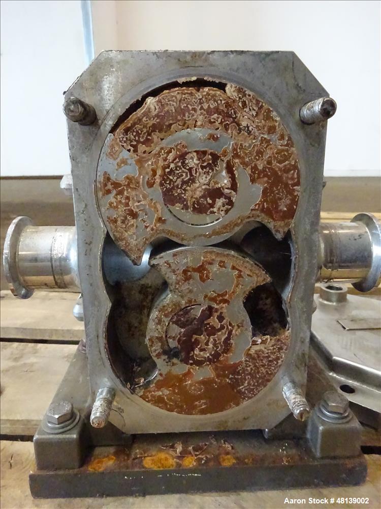 Used Viking Duralobe Bi-Rotor Positive Displacement Pump, Model R2S, 316 Stainless Steel. Approximate 26 gallons per minute. 1-1/2" Inlet & outlet, (2) rotors. Driven by a 0.5hp, 3/60/208-230/460 vol...