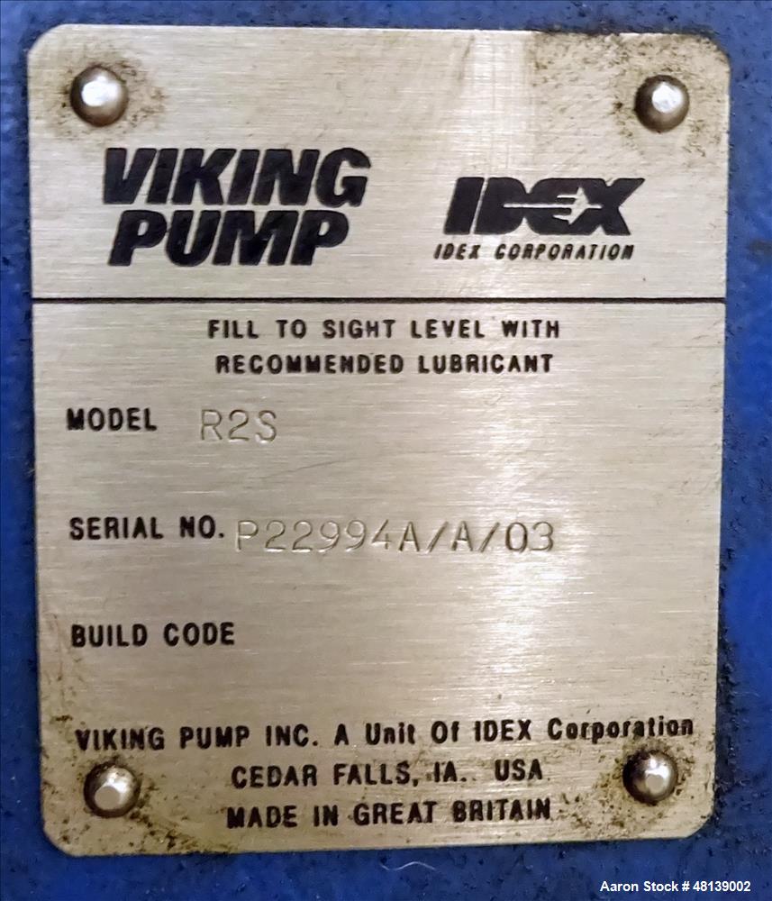 Used Viking Duralobe Bi-Rotor Positive Displacement Pump, Model R2S, 316 Stainless Steel. Approximate 26 gallons per minute. 1-1/2" Inlet & outlet, (2) rotors. Driven by a 0.5hp, 3/60/208-230/460 vol...
