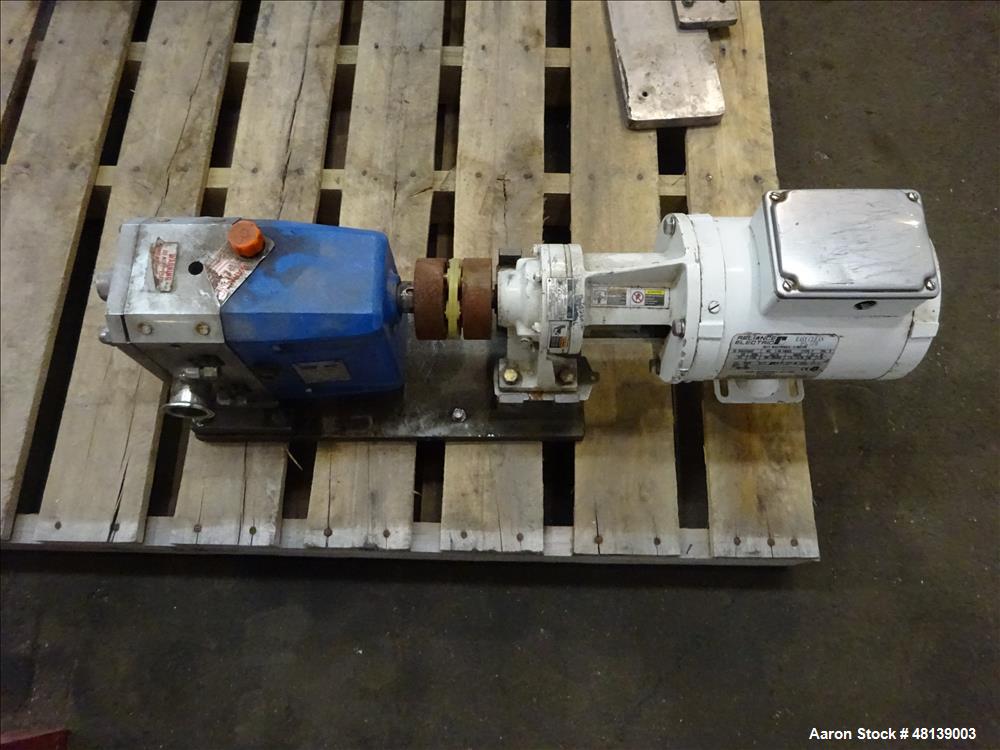 Used Viking Duralobe Bi-Rotor Positive Displacement Pump, Model R2S, 316 Stainless Steel. Approximate 26 gallons per minute. 1-1/2" Inlet & outlet, (2) rotors. Driven by a 0.5hp, 3/60/208-230/460 vol...