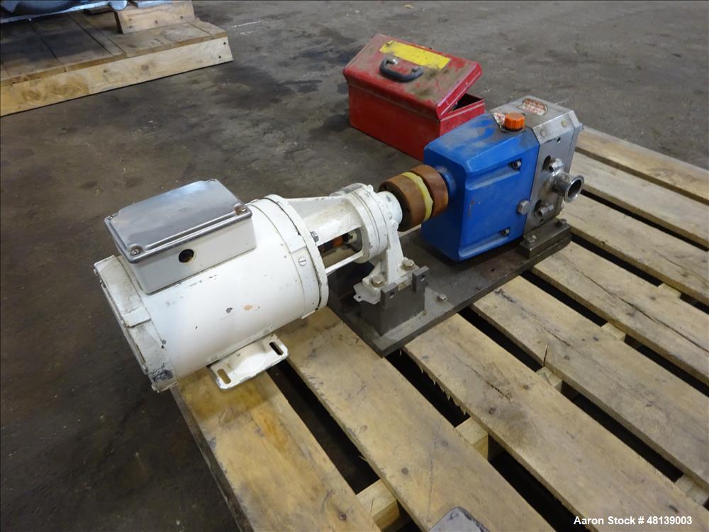 Used Viking Duralobe Bi-Rotor Positive Displacement Pump, Model R2S, 316 Stainless Steel. Approximate 26 gallons per minute. 1-1/2" Inlet & outlet, (2) rotors. Driven by a 0.5hp, 3/60/208-230/460 vol...