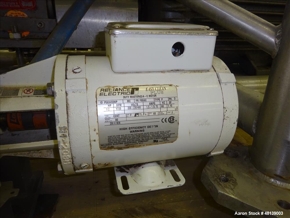 Used Viking Duralobe Bi-Rotor Positive Displacement Pump, Model R2S, 316 Stainless Steel. Approximate 26 gallons per minute. 1-1/2" Inlet & outlet, (2) rotors. Driven by a 0.5hp, 3/60/208-230/460 vol...