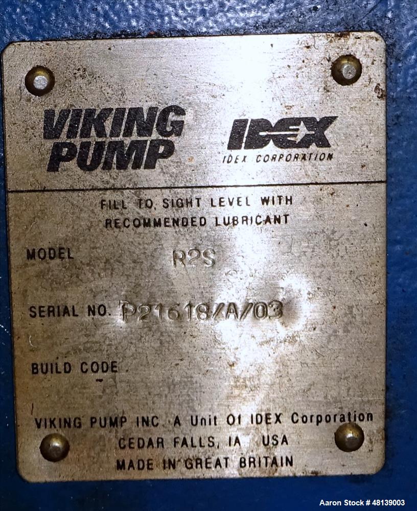 Used Viking Duralobe Bi-Rotor Positive Displacement Pump, Model R2S, 316 Stainless Steel. Approximate 26 gallons per minute. 1-1/2" Inlet & outlet, (2) rotors. Driven by a 0.5hp, 3/60/208-230/460 vol...