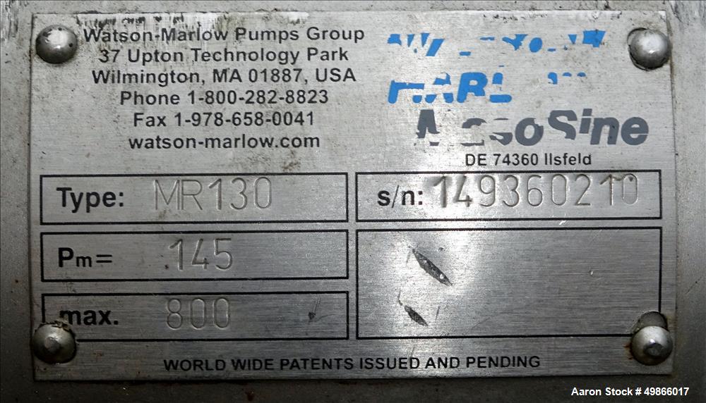 Used- Watson Marlow Masosine Sine Rotary Positive Displacement Pump, Type MR 130