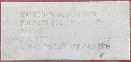 Used Waston-Marlow Bredel Hose Pump, Model SPX25, Carbon Steel. Approximate capacity 3.87 gallons per minute at 49 rpm, 0.79 gallons displacement per revolution. Pump pitch diameter 10.4’’, 1’’ inlet...