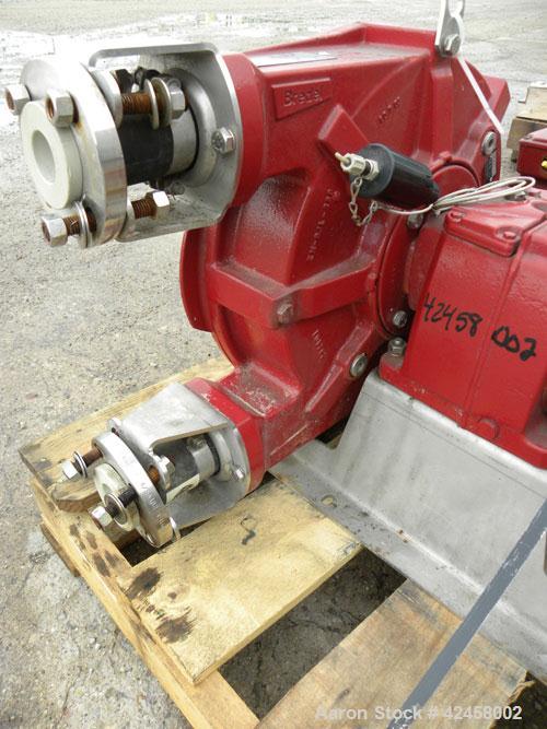 Used Waston-Marlow Bredel Hose Pump, Model SPX32, Carbon Steel. Approximate capacity 14.3 gallons per minute at 87.5 rpm, 0.165 gallons displacement per revolution. Pump pitch diameter 13’’, 1-1/2’’ ...
