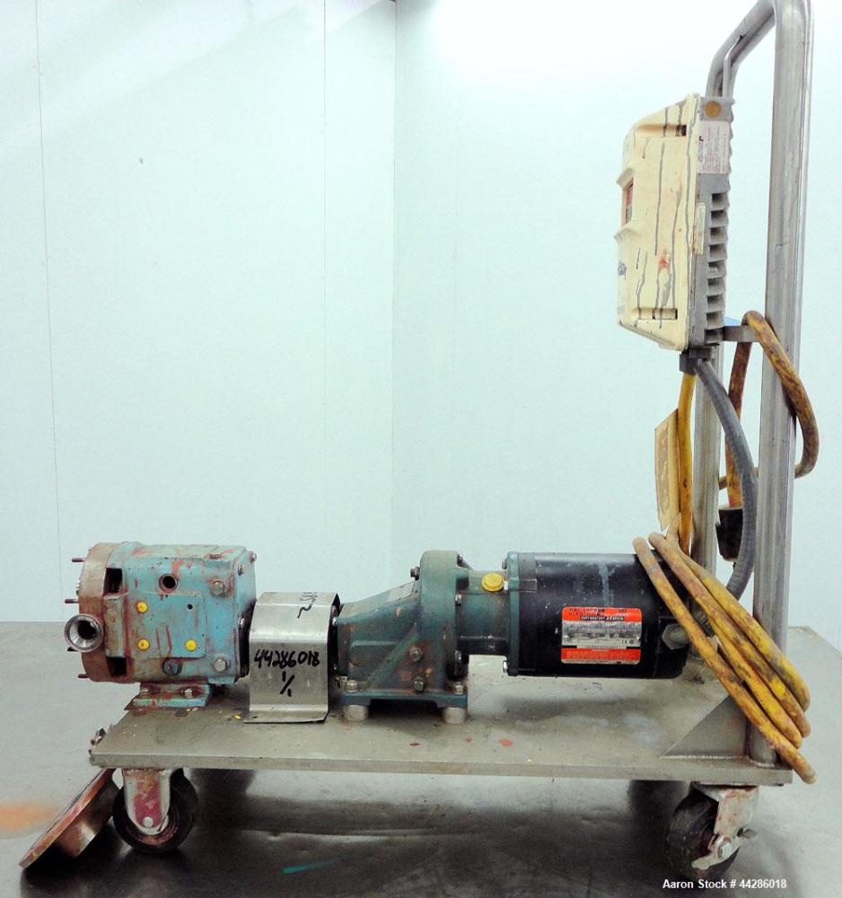 Used Waukesha Rotary Positive Displacement Pump, Model 006, 316 Stainless Steel. Approximately 6 gallons per minute at 200 psi at 800 rpm capacity, (.0082) gallon displacement per revolution. 1-1/2" ...