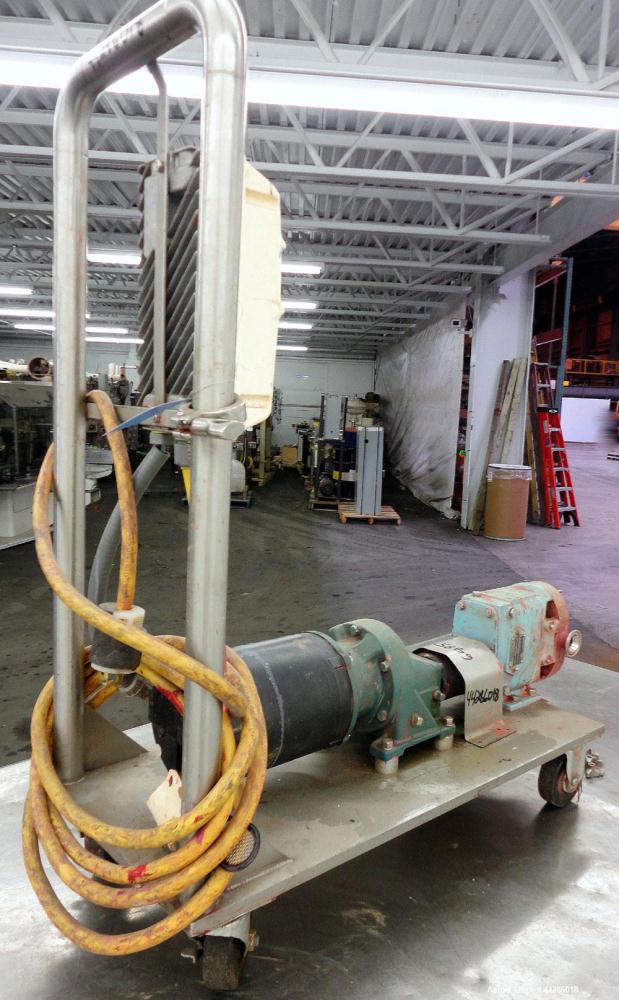 Used Waukesha Rotary Positive Displacement Pump, Model 006, 316 Stainless Steel. Approximately 6 gallons per minute at 200 psi at 800 rpm capacity, (.0082) gallon displacement per revolution. 1-1/2" ...