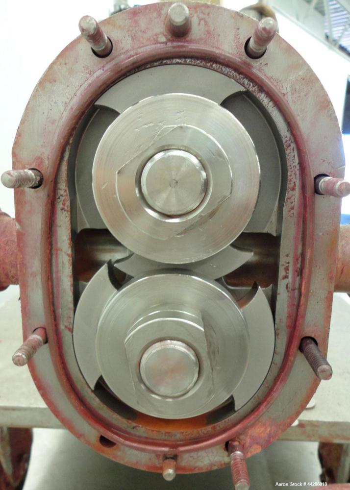 Used Waukesha Rotary Positive Displacement Pump, Model 006, 316 Stainless Steel. Approximately 6 gallons per minute at 200 psi at 800 rpm capacity, (.0082) gallon displacement per revolution. 1-1/2" ...