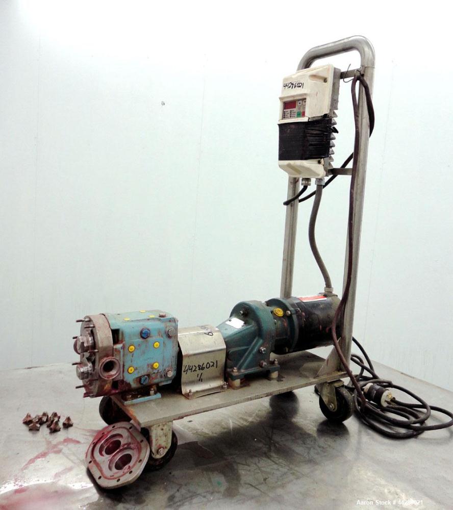 Used Waukesha Rotary Positive Displacement Pump, Model 006, 316 Stainless Steel. Approximately 6 gallons per minute at 200 psi at 800 rpm capacity, (.0082) gallon displacement per revolution. 1-1/2" ...