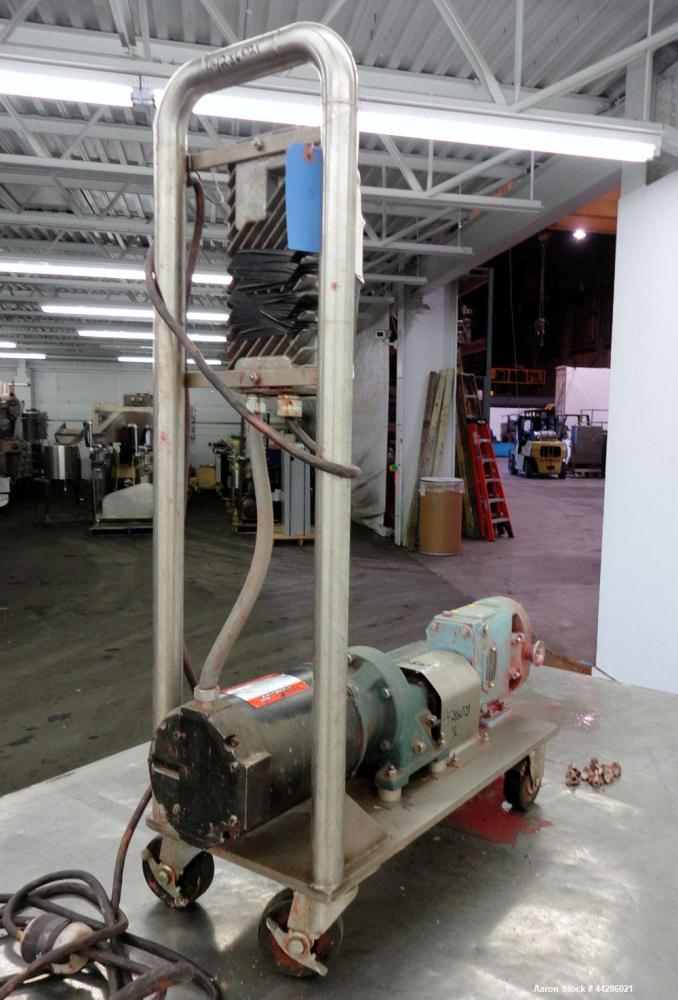 Used Waukesha Rotary Positive Displacement Pump, Model 006, 316 Stainless Steel. Approximately 6 gallons per minute at 200 psi at 800 rpm capacity, (.0082) gallon displacement per revolution. 1-1/2" ...