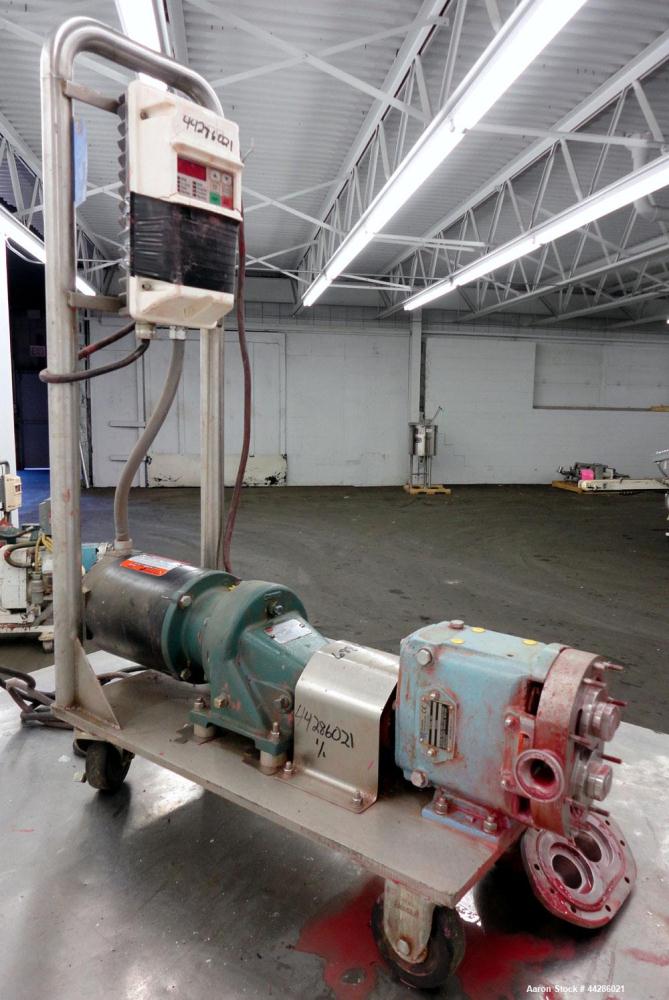 Used Waukesha Rotary Positive Displacement Pump, Model 006, 316 Stainless Steel. Approximately 6 gallons per minute at 200 psi at 800 rpm capacity, (.0082) gallon displacement per revolution. 1-1/2" ...