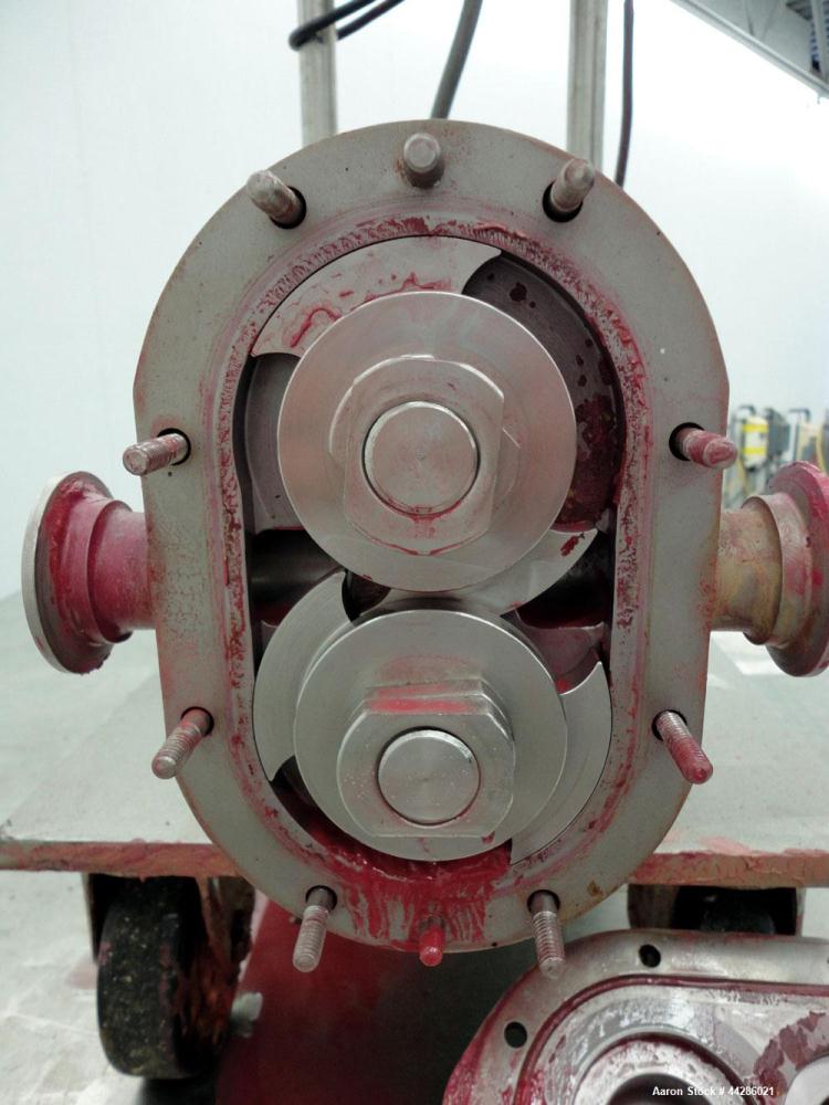 Used Waukesha Rotary Positive Displacement Pump, Model 006, 316 Stainless Steel. Approximately 6 gallons per minute at 200 psi at 800 rpm capacity, (.0082) gallon displacement per revolution. 1-1/2" ...