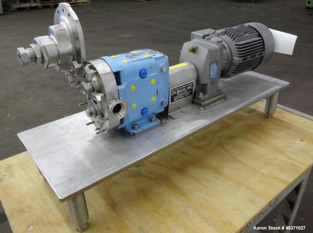 Used Waukesha Rotary Positive Displacement Pump, Model 006, 316 Stainless Steel. Approximately 6 gallons per minute at 200 psi at 800 rpm capacity, (.0082) gallon displacement per revolution. 1" Tri-...