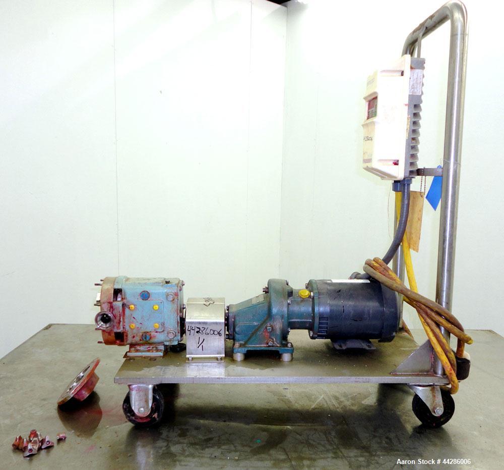 Used Waukesha Rotary Positive Displacement Pump, Model 015, 316 Stainless Steel. Approximately 10 gallons per minute at 100 psi at 600 rpm capacity, (.013) gallon displacement per revolution. 1-1/2” ...