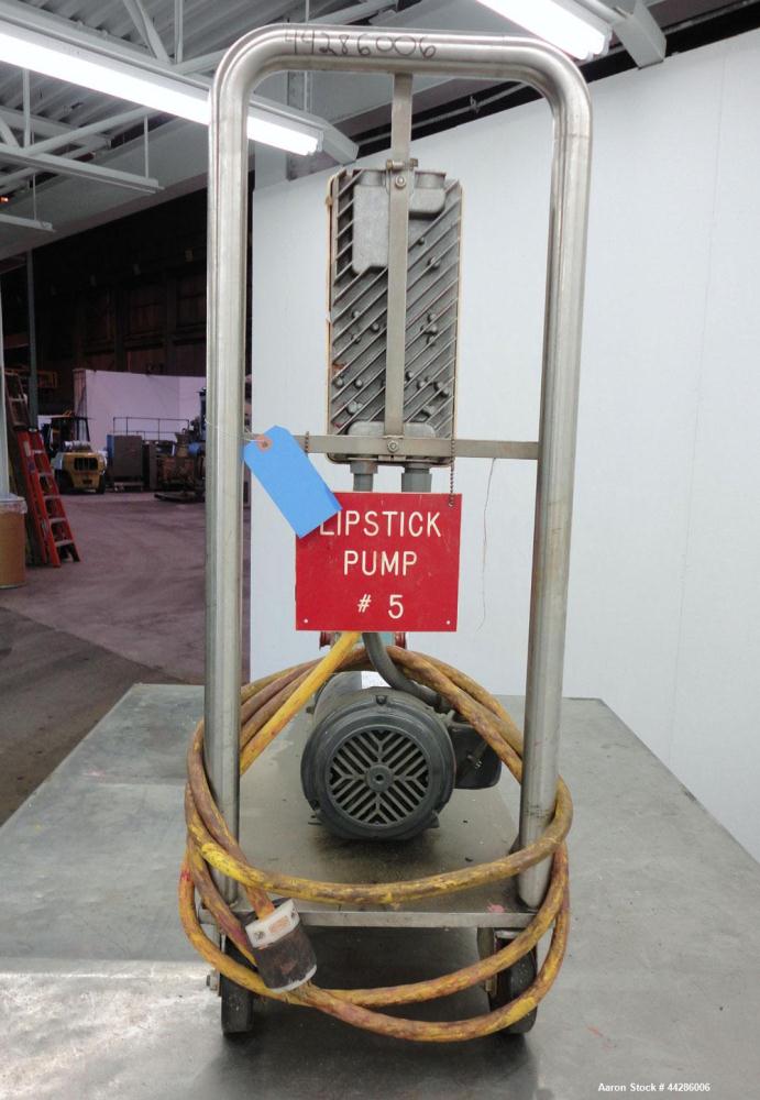 Used Waukesha Rotary Positive Displacement Pump, Model 015, 316 Stainless Steel. Approximately 10 gallons per minute at 100 psi at 600 rpm capacity, (.013) gallon displacement per revolution. 1-1/2” ...
