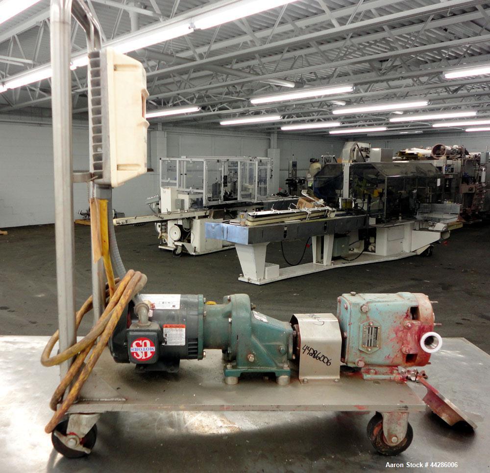 Used Waukesha Rotary Positive Displacement Pump, Model 015, 316 Stainless Steel. Approximately 10 gallons per minute at 100 psi at 600 rpm capacity, (.013) gallon displacement per revolution. 1-1/2” ...