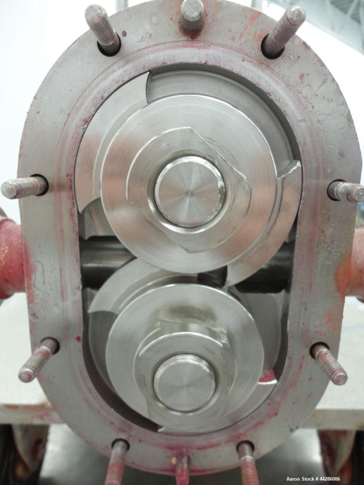 Used Waukesha Rotary Positive Displacement Pump, Model 015, 316 Stainless Steel. Approximately 10 gallons per minute at 100 psi at 600 rpm capacity, (.013) gallon displacement per revolution. 1-1/2” ...
