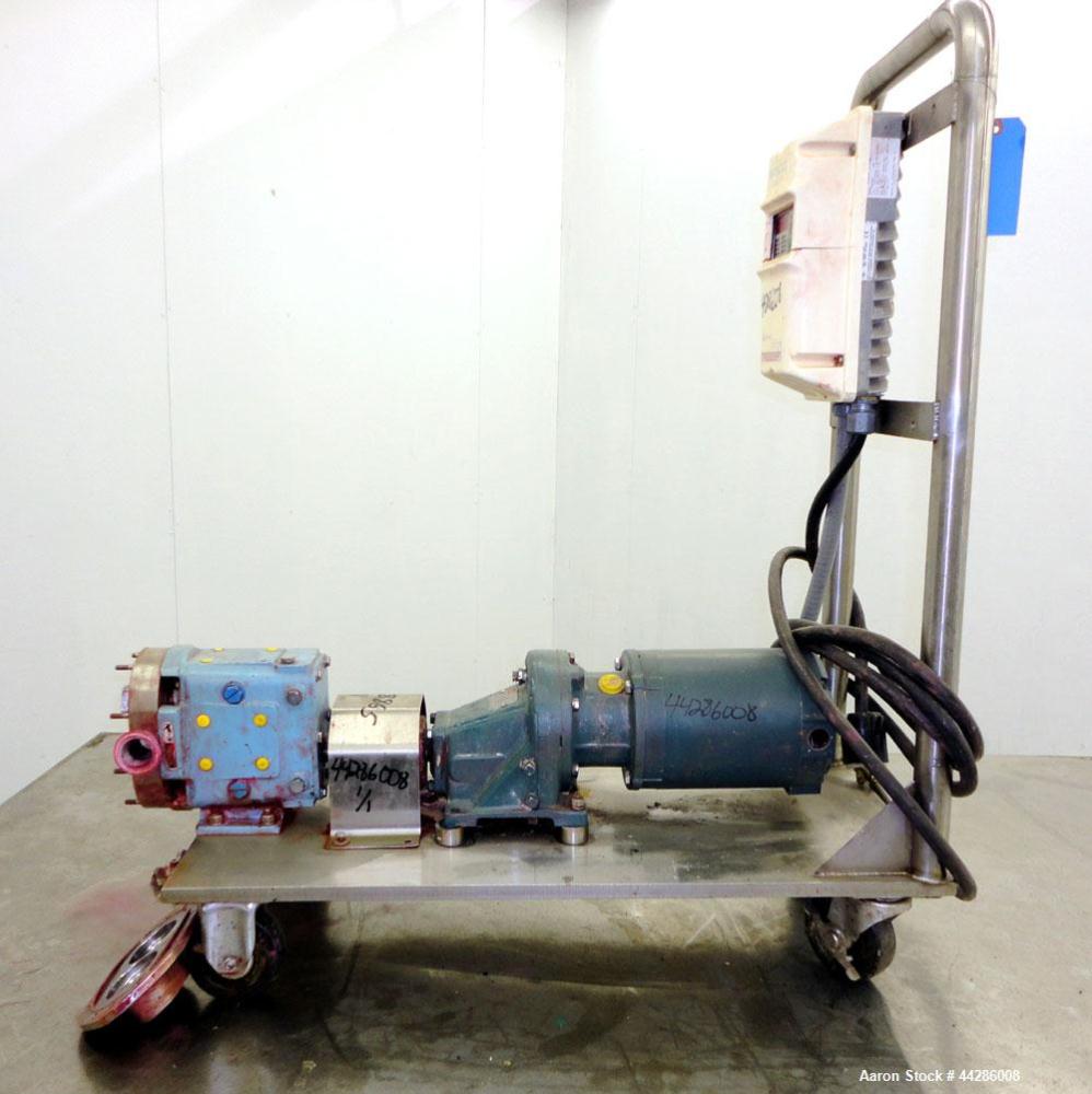 Used Waukesha Rotary Positive Displacement Pump, Model 015, 316 Stainless Steel. Approximately 10 gallons per minute at 100 psi at 600 rpm capacity, (.013) gallon displacement per revolution. 1-1/2” ...