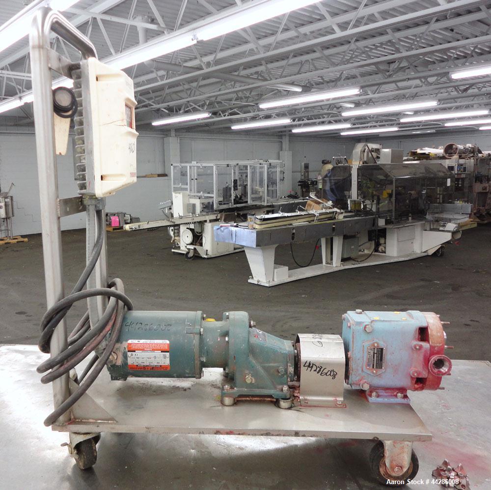 Used Waukesha Rotary Positive Displacement Pump, Model 015, 316 Stainless Steel. Approximately 10 gallons per minute at 100 psi at 600 rpm capacity, (.013) gallon displacement per revolution. 1-1/2” ...
