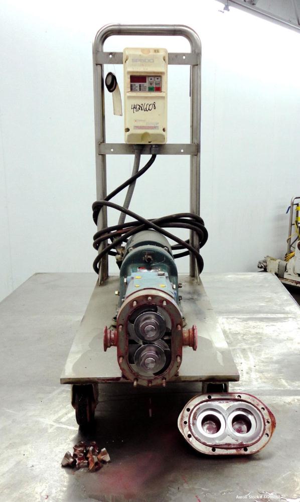 Used Waukesha Rotary Positive Displacement Pump, Model 015, 316 Stainless Steel. Approximately 10 gallons per minute at 100 psi at 600 rpm capacity, (.013) gallon displacement per revolution. 1-1/2” ...