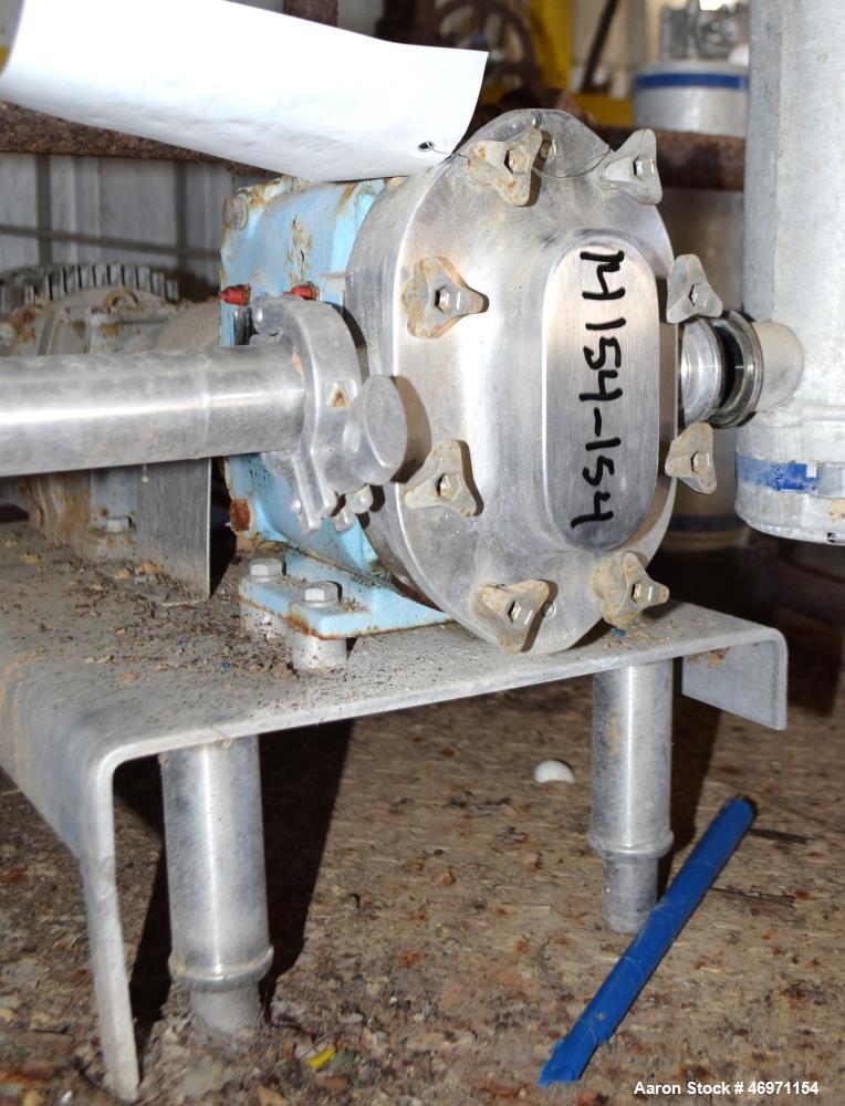 Used Waukesha Positive Displacement Pump, Model 015, 316 Stainless Steel. Approximate displacement 0.142 gallons per revolution, nominal capacity to 9 gallons per minute. Driven by a 2hp, 3/60/230/46...