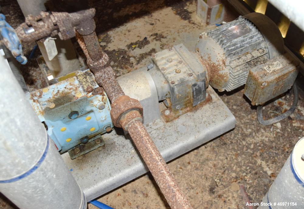 Used Waukesha Positive Displacement Pump, Model 015, 316 Stainless Steel. Approximate displacement 0.142 gallons per revolution, nominal capacity to 9 gallons per minute. Driven by a 2hp, 3/60/230/46...