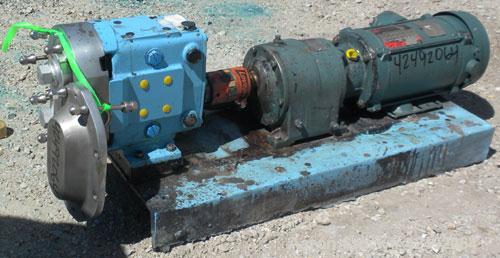 Used Waukesha Rotary Positive Displacement Pump, Model 030/U2, 316 Stainless Steel. Approximately 36 gallons per minute at 100 psi at 600 rpm capacity, (.06) gallon displacement per revolution. 1-1/2...