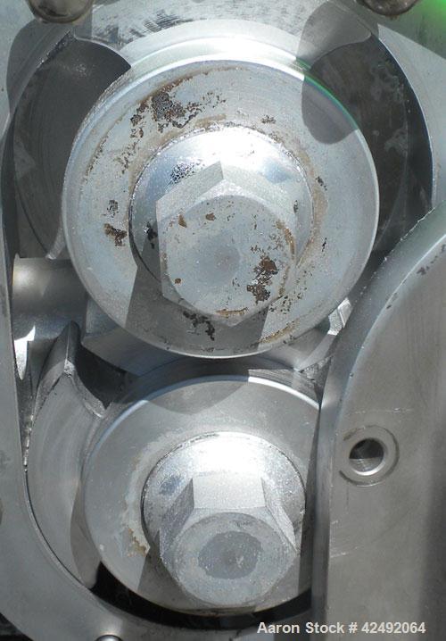 Used Waukesha Rotary Positive Displacement Pump, Model 030/U2, 316 Stainless Steel. Approximately 36 gallons per minute at 100 psi at 600 rpm capacity, (.06) gallon displacement per revolution. 1-1/2...