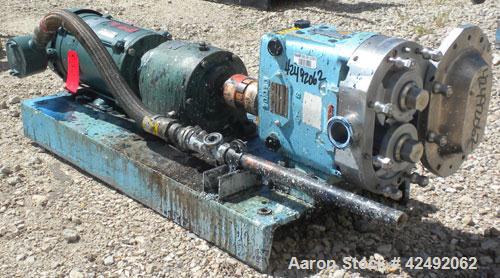 Used Waukesha Rotary Positive Displacement Pump, Model 030U2-AP, 316 Stainless Steel. Approximately 36 gallons per minute at 100 psi at 600 rpm capacity, .06 gallon displacement per revolution. 1-1/2...