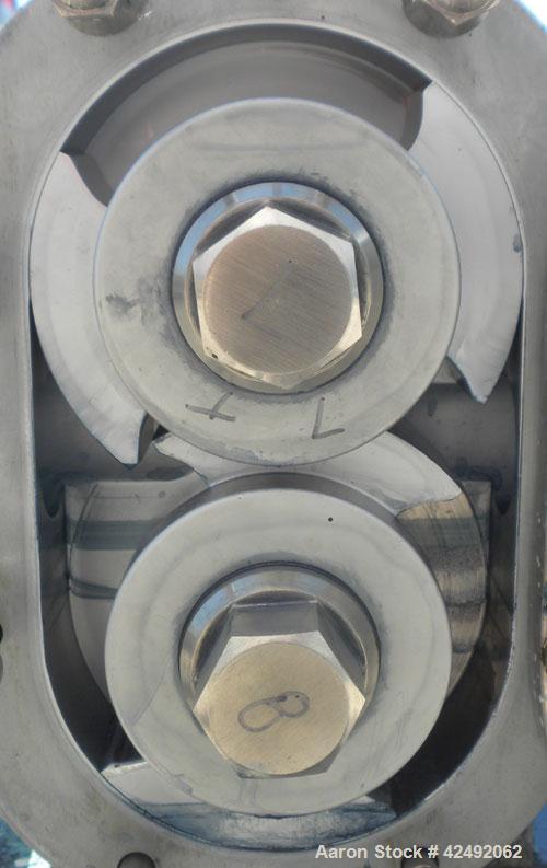 Used Waukesha Rotary Positive Displacement Pump, Model 030U2-AP, 316 Stainless Steel. Approximately 36 gallons per minute at 100 psi at 600 rpm capacity, .06 gallon displacement per revolution. 1-1/2...