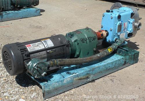 Used Waukesha Rotary Positive Displacement Pump, Model 030U2AP, 316 Stainless Steel. Approximately 36 gallons per minute at 100 psi at 600 rpm capacity, .06 gallon displacement per revolution. 1-1/2"...