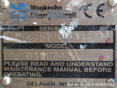 Used Waukesha Rotary Positive Displacement Pump, Model 030U2AP, 316 Stainless Steel. Approximately 36 gallons per minute at 100 psi at 600 rpm capacity, .06 gallon displacement per revolution. 1-1/2"...