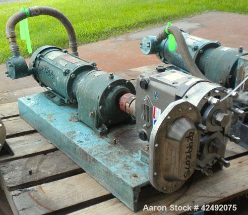 Used Waukesha Rotary Positive Displacement Pump, Model 030U2AP, 316 Stainless Steel. Approximately 36 gallons per minute at 100 psi at 600 rpm capacity, .06 gallon displacement per revolution. 1-1/2"...