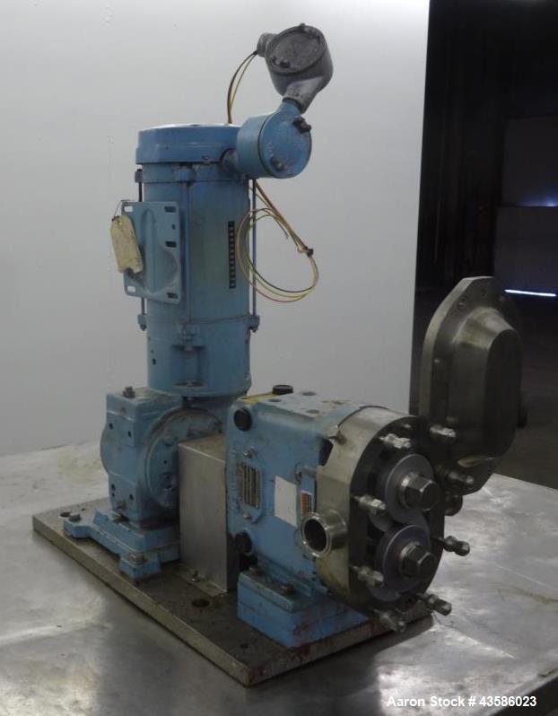 Used Waukesha Positive Displacement Pump, Model 030U2AP, 316 Stainless Steel. 1-1/2" Tri-clamp inlet/outlet, (2) stainless steel rotors. Driven  by a 2 hp, 3/60/230/460 volt, 1740 rpm XP gear motor, ...