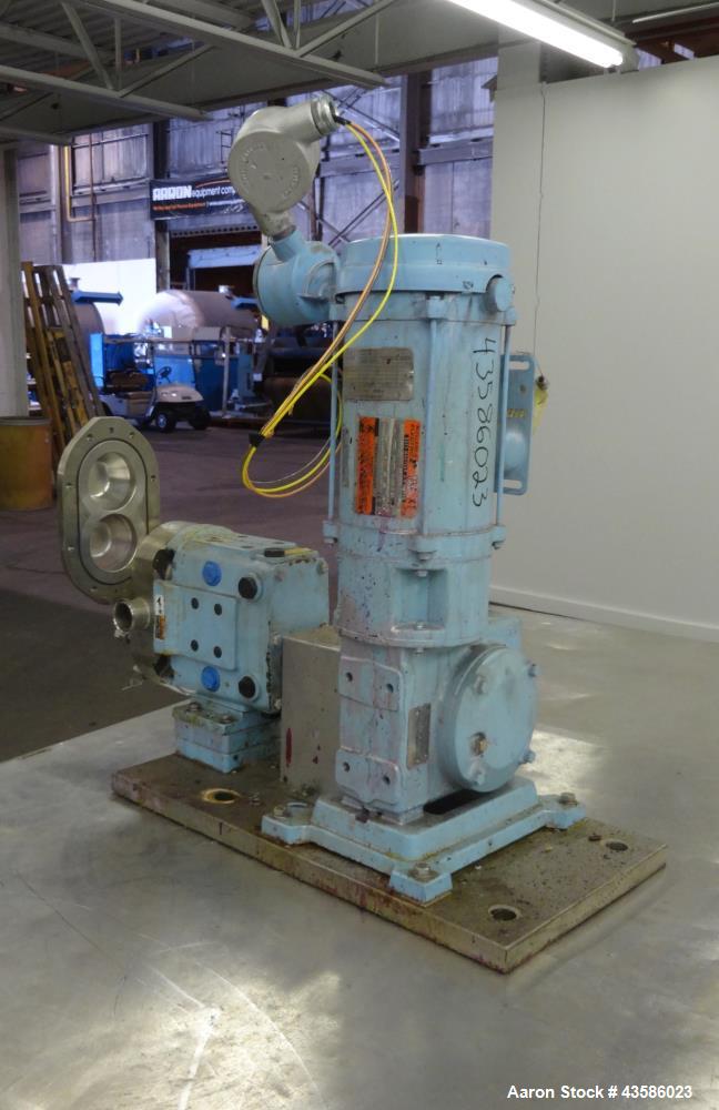 Used Waukesha Positive Displacement Pump, Model 030U2AP, 316 Stainless Steel. 1-1/2" Tri-clamp inlet/outlet, (2) stainless steel rotors. Driven  by a 2 hp, 3/60/230/460 volt, 1740 rpm XP gear motor, ...