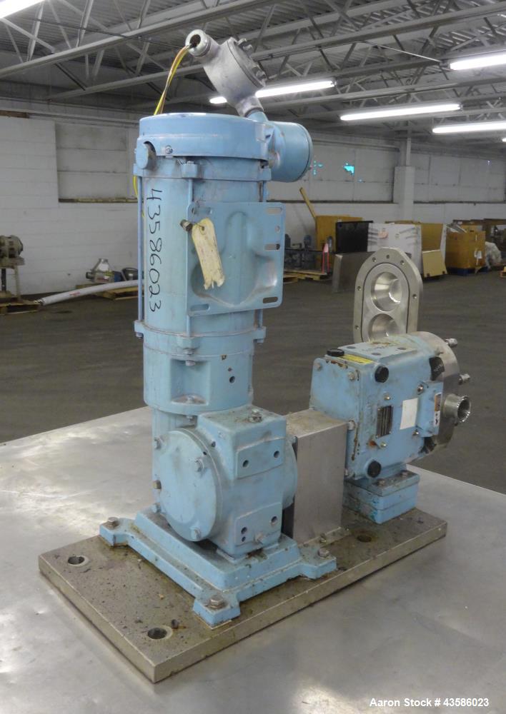Used Waukesha Positive Displacement Pump, Model 030U2AP, 316 Stainless Steel. 1-1/2" Tri-clamp inlet/outlet, (2) stainless steel rotors. Driven  by a 2 hp, 3/60/230/460 volt, 1740 rpm XP gear motor, ...
