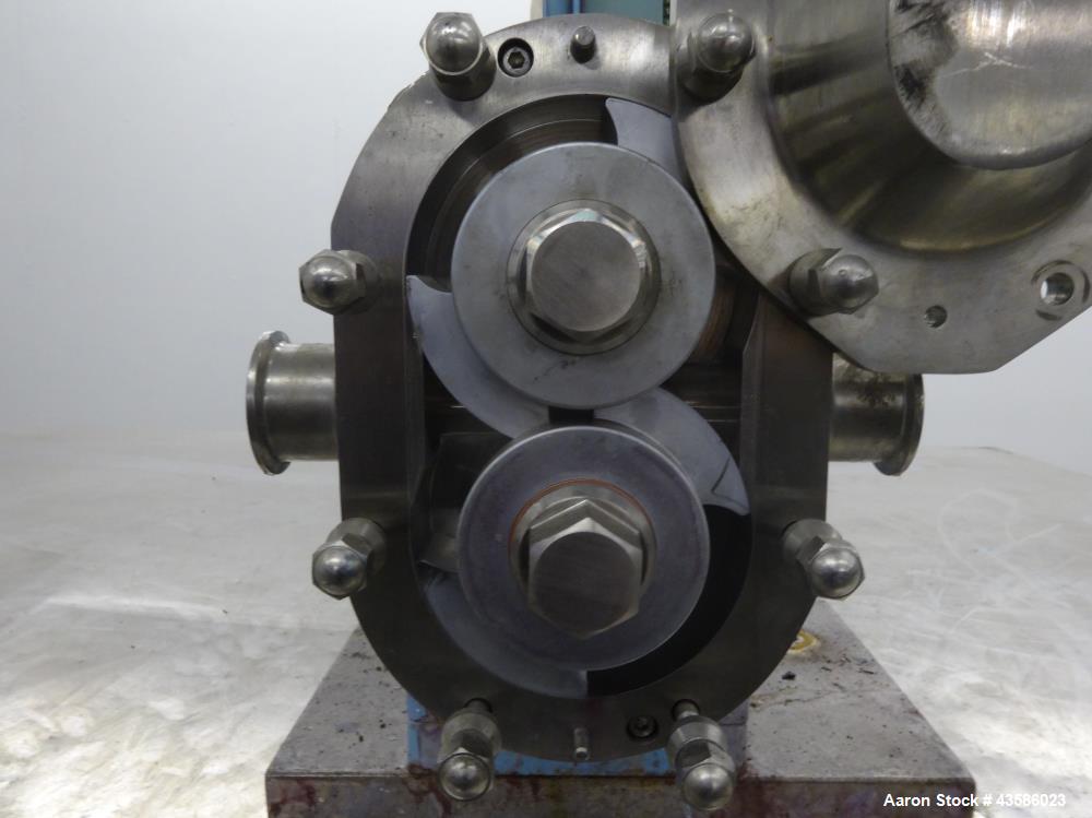Used Waukesha Positive Displacement Pump, Model 030U2AP, 316 Stainless Steel. 1-1/2" Tri-clamp inlet/outlet, (2) stainless steel rotors. Driven  by a 2 hp, 3/60/230/460 volt, 1740 rpm XP gear motor, ...