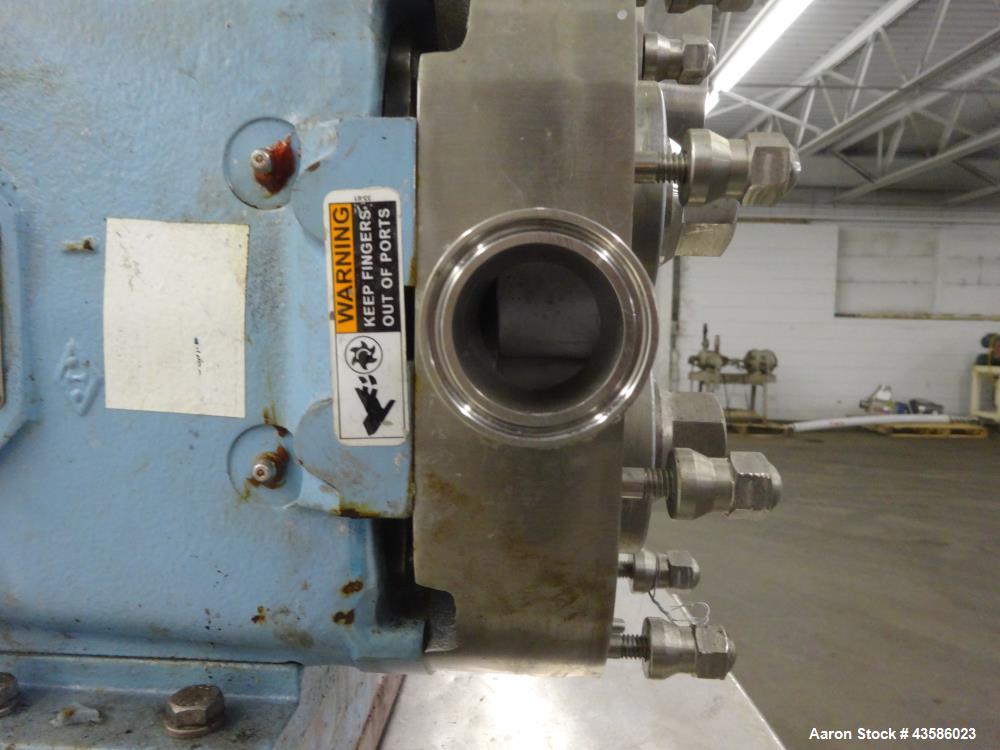 Used Waukesha Positive Displacement Pump, Model 030U2AP, 316 Stainless Steel. 1-1/2" Tri-clamp inlet/outlet, (2) stainless steel rotors. Driven  by a 2 hp, 3/60/230/460 volt, 1740 rpm XP gear motor, ...