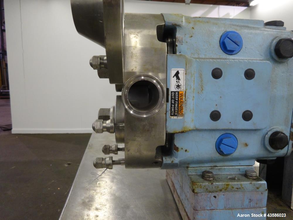 Used Waukesha Positive Displacement Pump, Model 030U2AP, 316 Stainless Steel. 1-1/2" Tri-clamp inlet/outlet, (2) stainless steel rotors. Driven  by a 2 hp, 3/60/230/460 volt, 1740 rpm XP gear motor, ...