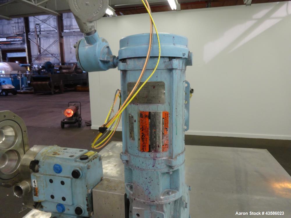 Used Waukesha Positive Displacement Pump, Model 030U2AP, 316 Stainless Steel. 1-1/2" Tri-clamp inlet/outlet, (2) stainless steel rotors. Driven  by a 2 hp, 3/60/230/460 volt, 1740 rpm XP gear motor, ...