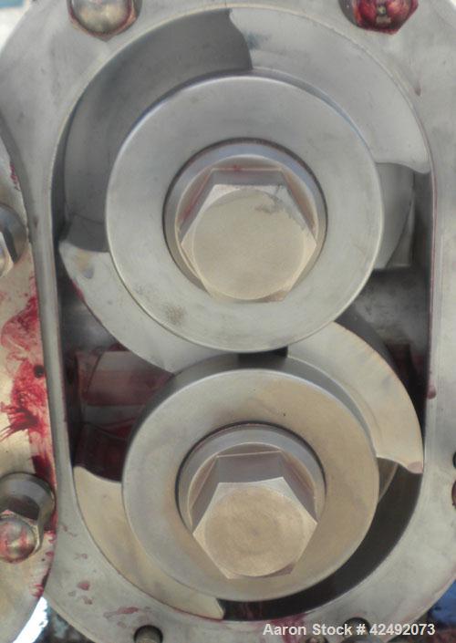 Used Waukesha Rotary Positive Displacement Pump, Model 030U2, 316 Stainless Steel. Approximately 36 gallons per minute at 100 psi at 600 rpm capacity, (.06) gallon displacement per revolution. 1-1/2"...