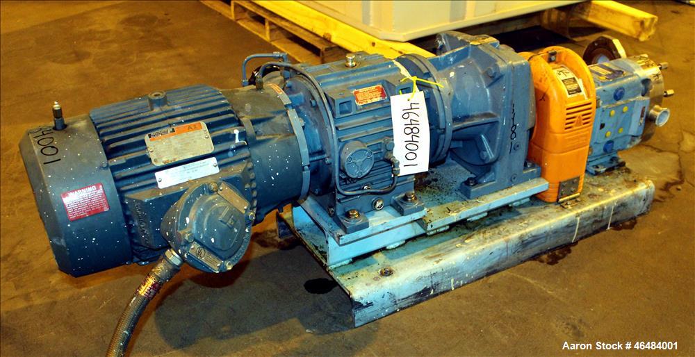Used Waukesha Rotary Positive Displacement Pump, Model 030U2, 316 Stainless Steel. Approximately 36 gallons per minute at 250 psi maximum pressure at 600 rpm capacity, 0.060 gallon displacement per r...