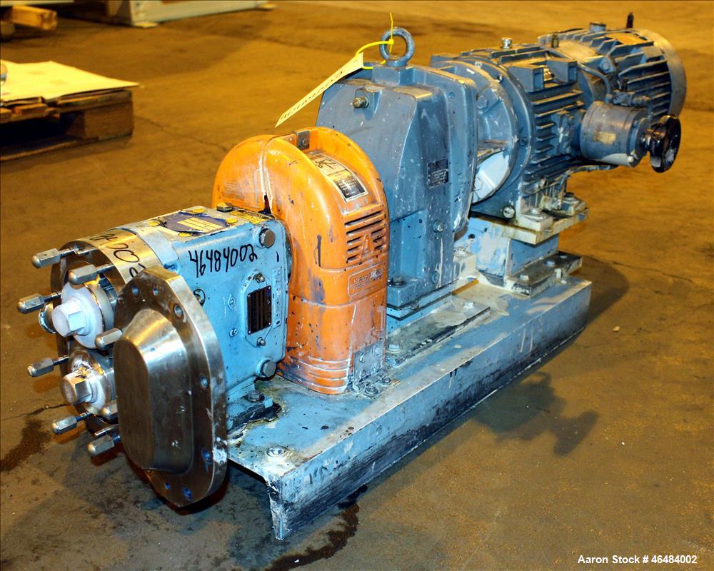 Used Waukesha Rotary Positive Displacement Pump, Model 030U2, 316 Stainless Steel. Approximately 36 gallons per minute at 250 psi maximum pressure at 600 rpm capacity, 0.060 gallon displacement per r...