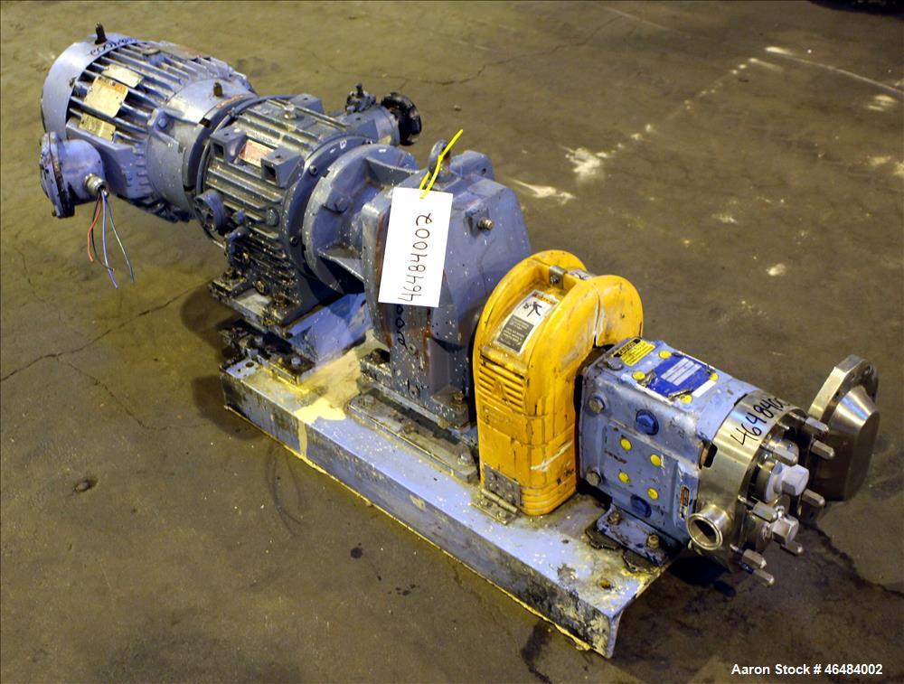 Used Waukesha Rotary Positive Displacement Pump, Model 030U2, 316 Stainless Steel. Approximately 36 gallons per minute at 250 psi maximum pressure at 600 rpm capacity, 0.060 gallon displacement per r...
