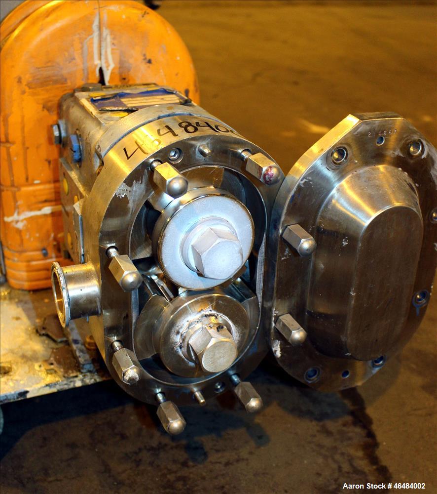 Used Waukesha Rotary Positive Displacement Pump, Model 030U2, 316 Stainless Steel. Approximately 36 gallons per minute at 250 psi maximum pressure at 600 rpm capacity, 0.060 gallon displacement per r...